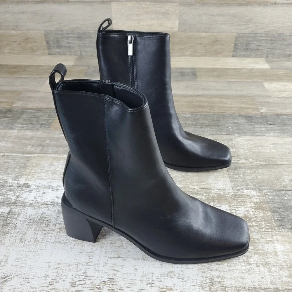 London Rag Muskox Womens Ankle Boots Sz 8 Black Leather Side Zip Square Toe